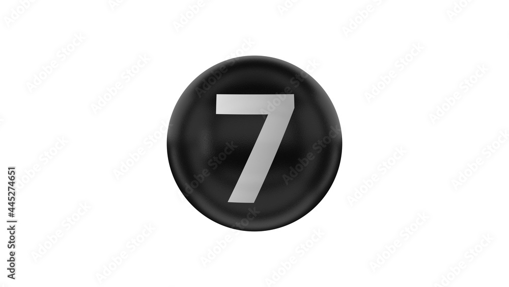 Number 7 on glossy black ball. 3d. 3D rendering. Black ball on the white background Number 7 on glossy black ball. 3d. 3D rendering. Black ball on the white background