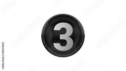 Number 3 on glossy black ball. 3d. 3D rendering. Black ball on the white background