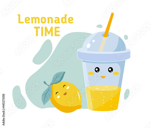 Glass and cocktail tube with lemonade or ice tea lemon slice and lemon vector illustration in a cartoon flat style KAWAI isolated on white background.