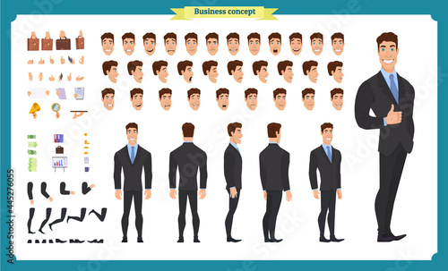 People character business set. Front, side, back view animated character. Businessman character creation set with various views, face emotions, poses and gestures.Cartoon style, flat isolated vector