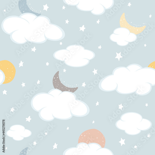 Seamless Pattern with Clouds and Moon on Blue Sky