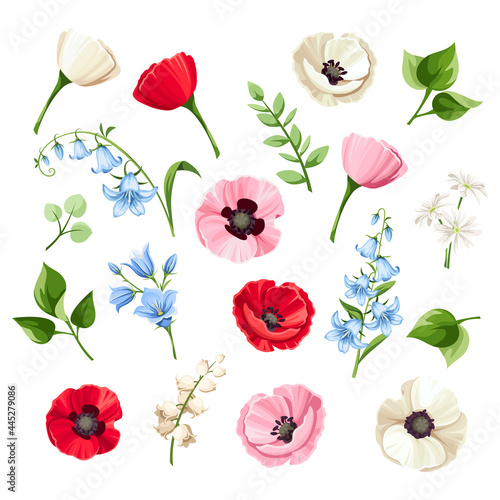 Vector set of red, pink, blue and white poppy flowers, bluebell flowers, lilac and lily of the valley flowers and green leaves isolated on a white background.