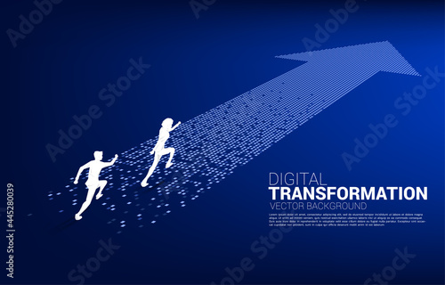 Silhouette of businessman running on the arrow from pixel. concept of digital transformation of business.