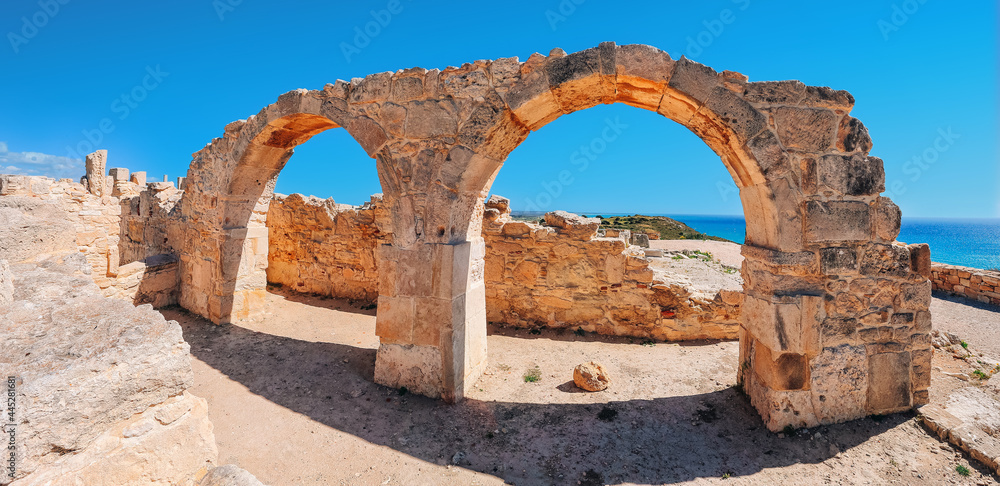 Panoramic view of the ruins and arches of the ancient Greek city Kourion (archaeological site) near Limassol, Cyprus