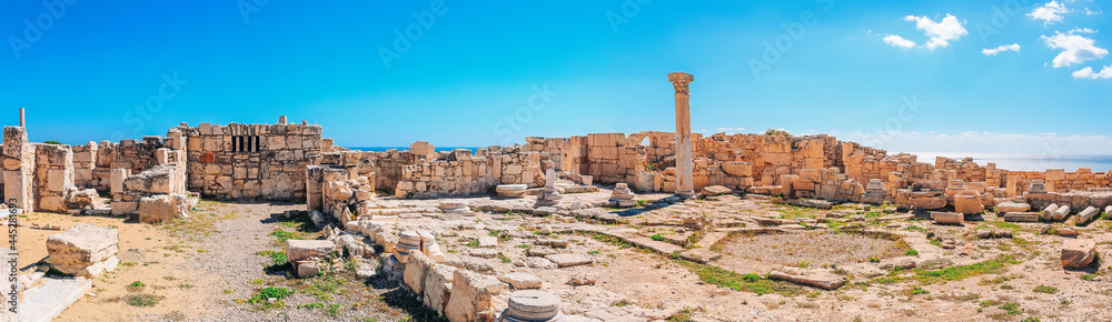 Panoramic view of the ruins of the ancient Greek city Kourion (archaeological site) near Limassol, Cyprus