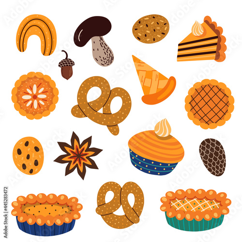 Set of various pastry food and autumnal leaves