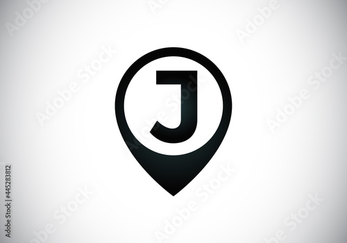 Initial J monogram letter alphabet with location icon pin sign. Font emblem. Navigation map, GPS, direction, place, compass, contact, search concept. 