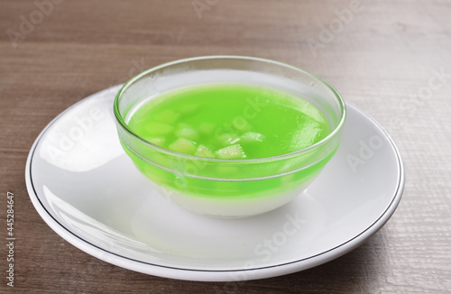 asian fresh cold pandan coconut coffee pudding jelly in bowl Thai dessert halal menu