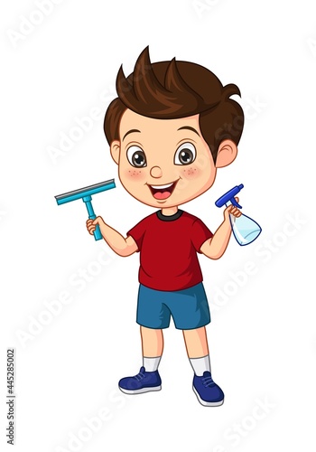 Cartoon little boy holding spray and squeegee