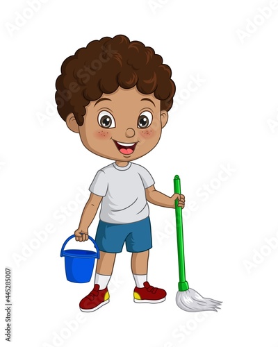Cartoon little african boy cleaning floor
