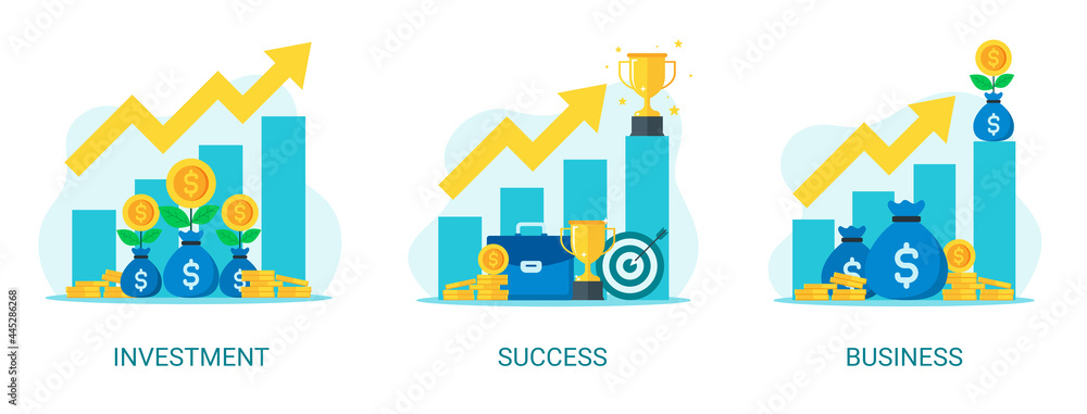 Set of business investment vector illustration concept in flat style. Money, coin, profit, graph icon suitable for many purposes.