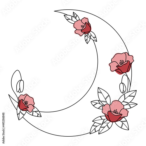Półksiężyc i czerwone kwiaty malowane akwarelą - dekoracyjna boho ilustracja z miejscem na Twój tekst do wykorzystania jako logo, tatuaż, zaproszenie ślubne, kartka z życzeniami, naklejka.