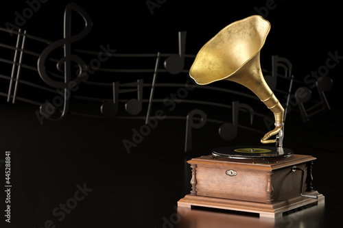 Old antique Gramophone or Phonograph and black music notes in dark black background. It's a popular mythical music player. It works by wind up. The concept of music and aesthetics. 3D illustration.