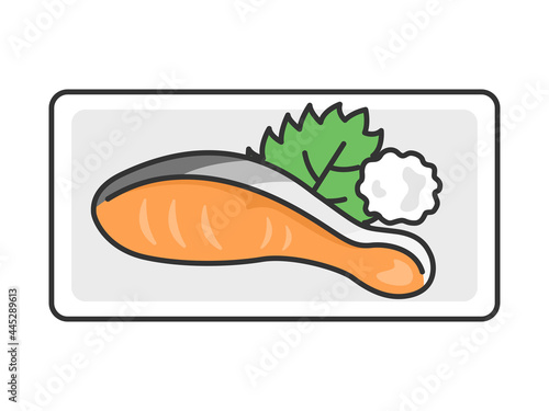 皿にのせた焼鮭のイラスト