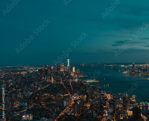 city skyline at night New York City view arial sky blue panorama Manhattan 