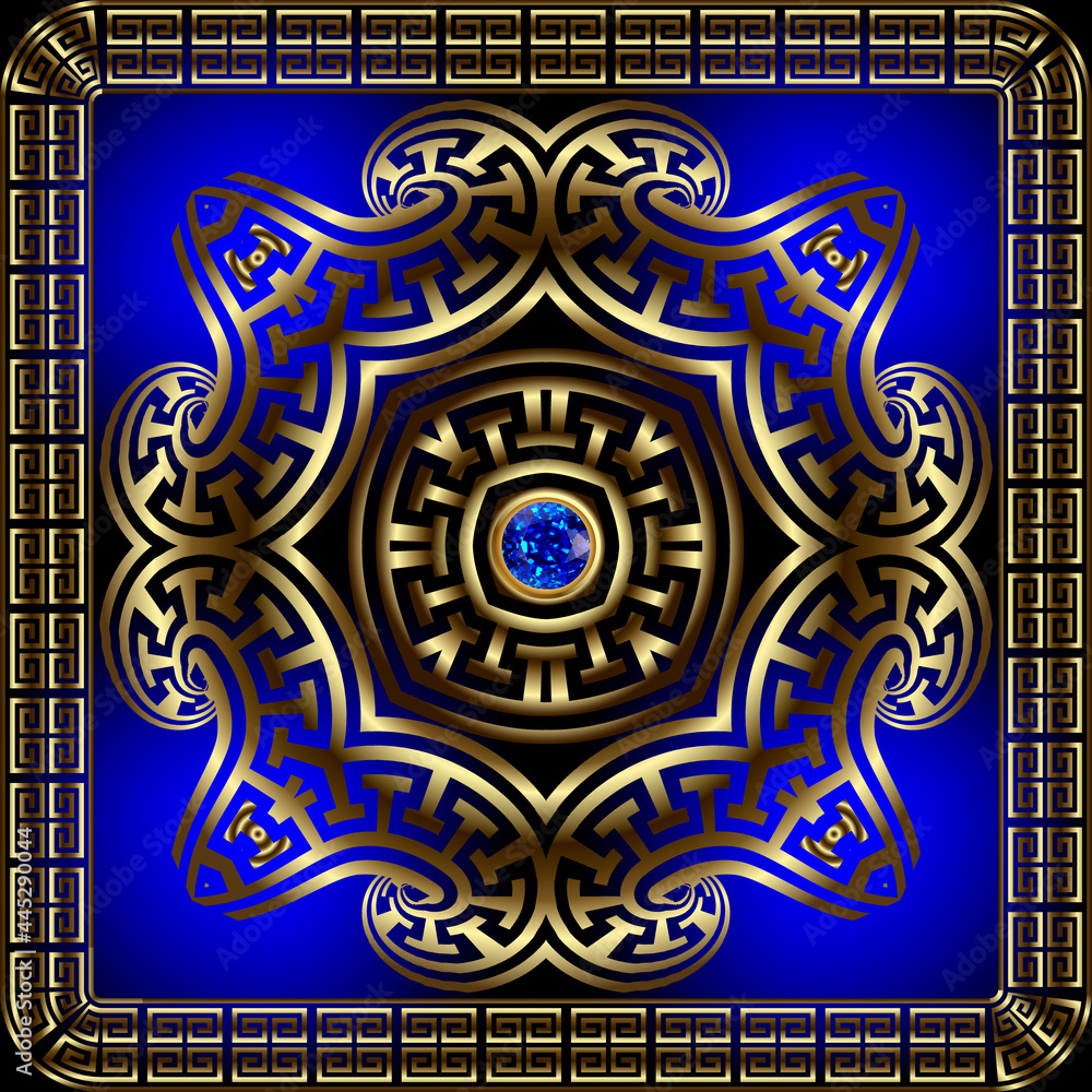 Jewelry gold 3d seamless pattern. Surface round ethnic style mandala with square frame and border. Vector ornamental glowing background. Luxury greek meanders ornament with blue sapphire gemstones