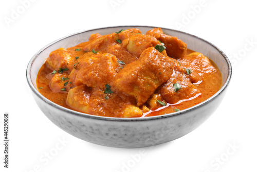 Fotografie Bowl of delicious chicken curry on white background