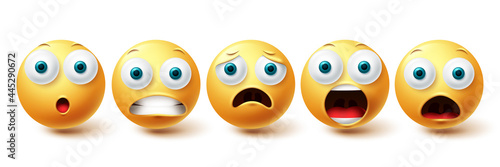 Smileys shocked face vector set. Smiley and emoticon shock, scared and sad collection isolated in white background for graphic elements design. Vector illustration
