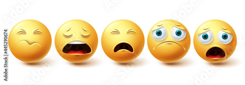 Smiley emoji sad vector set. Smileys and emoticon lonely, shocked and depressed yellow faces collection isolated in white background for emoji graphic elements . Vector illustration
