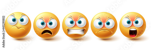 Smiley emoji angry vector set. Smileys sad and serious yellow faces collection isolated in white background for upset emojis graphic elements . Vector illustration