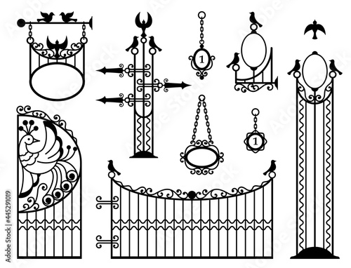 Iron fence with gates, signboards, lanterns and pointers. Metal entrance, street lights, signs in vintage style. Exquisite and beautiful forged design elements with birds. Black silhouette. Vector