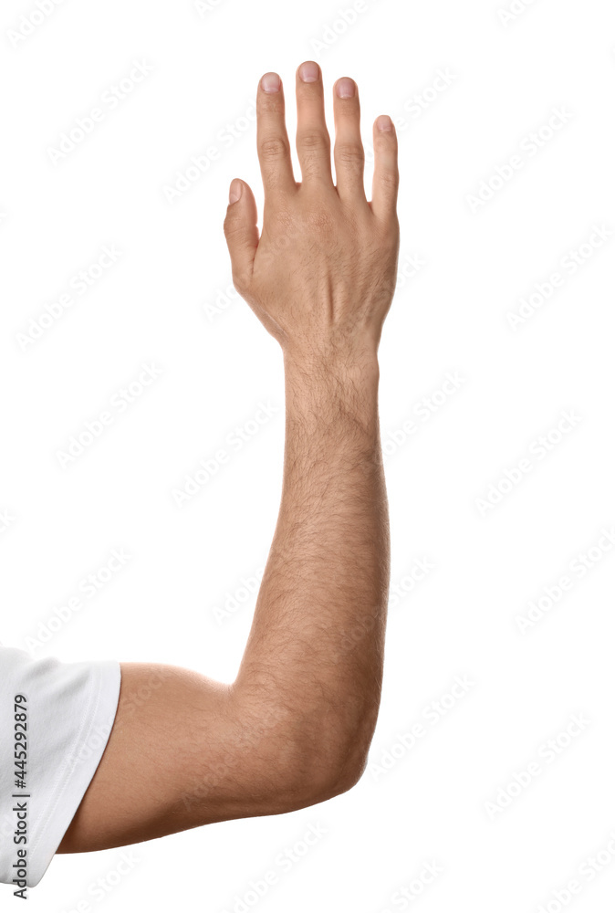 Man against white background, closeup of hand Man against white background, closeup of hand