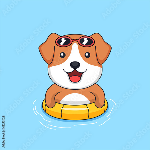 Cute dog wearing sunglasses and floating tire on swimming pool animal mascot cartoon vector illustration