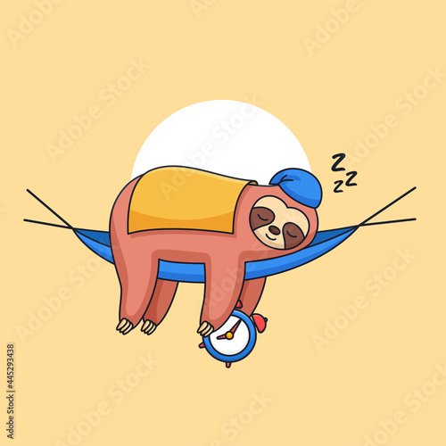 Cute sloth sleeping wearing blanket and holding alarm clock animal cartoon vector illustration