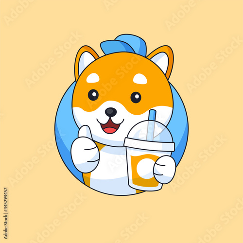 cute shiba inu dog holding drink bottle for food beverage animal mascot cartoon vector illustration