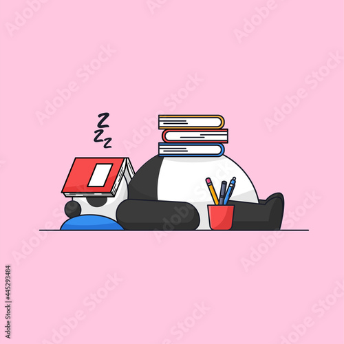 Cute panda sleeping after tired studying multiple book for school animal mascot cartoon vector illustration