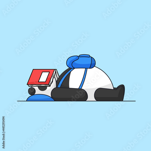 Cute fat panda lying wearing backpack on front tired and sleep after studying on school animal mascot cartoon vector illustration
