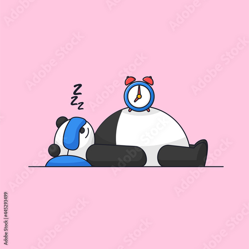 Cute fat panda tired sleeping wearing blindfold and alarm clock on his belly animal mascot cartoon vector illustration