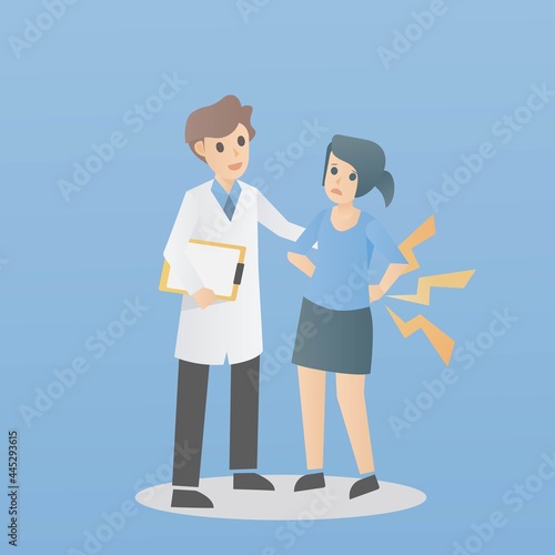 Back pain concept,doctor examining and giving advice on backpain problems to female patient suffer from Sit in office long time inappropriate position,Professional care,vector illustration.