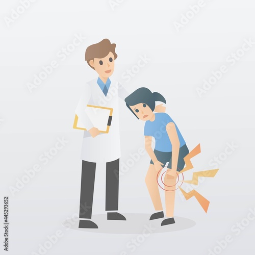 Knee pain concept,doctor is examining and giving advice on knee paiminingn problems to a female patientsuffer from exercise injuries,Professional care and treatment at the hospital,vector illustration