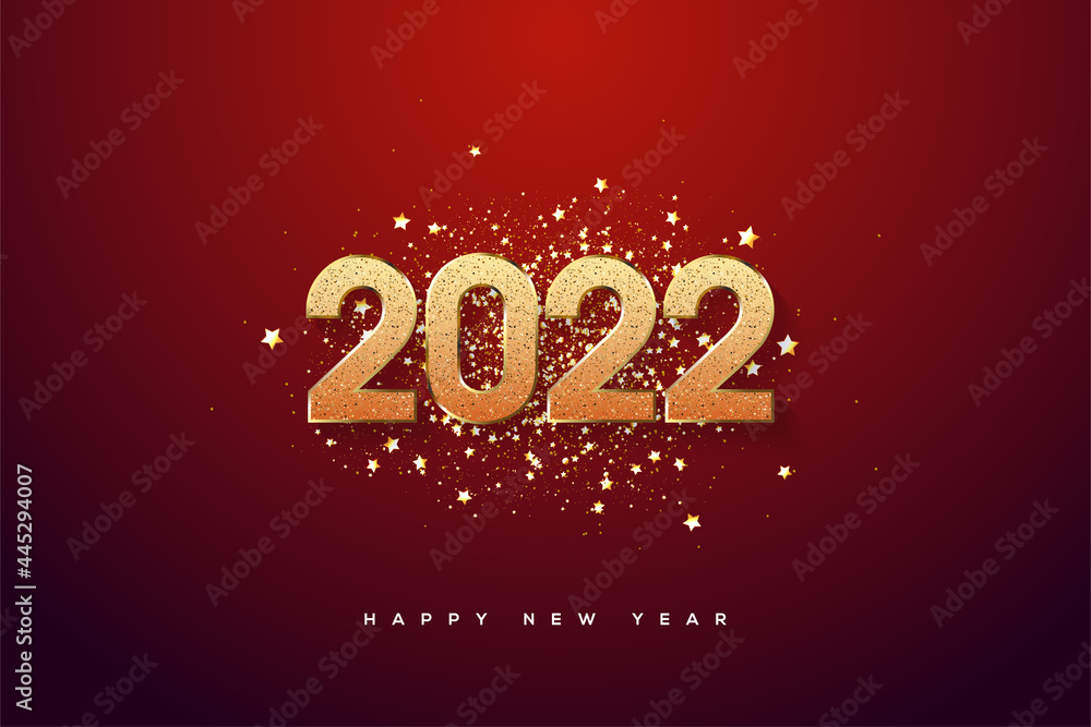 Happy new year 2022 with gold numbers and gold glitter.