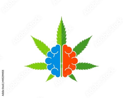 Green cannabis leaf with abstract brain inside