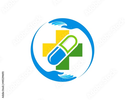 Circular hand care with medical cross health and capsule inside
