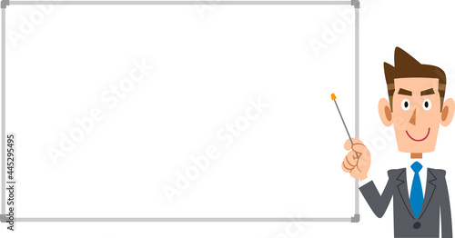 シンプルなホワイトボードと指示棒を持って説明するスーツを着た男性の上半身
