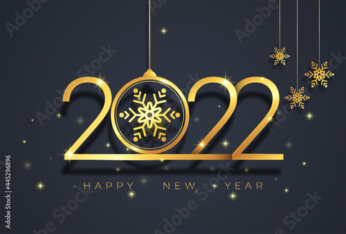 Happy New Year 2022 logo text design. Concept design. Vector modern illustration of gold text. Golden luxury inscription. Christmas background with blur, glare, stars, snowflakes, snow.