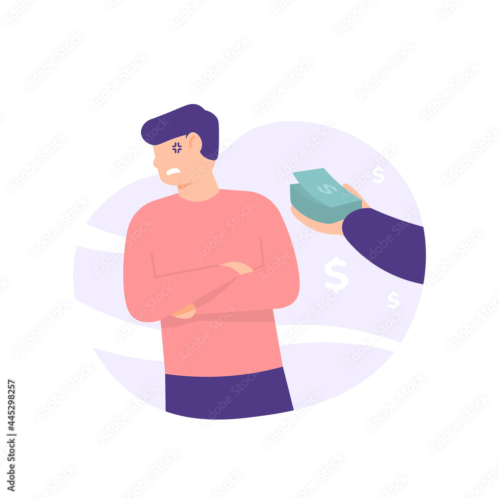 illustration of a man who refuses to accept money from a stranger. annoyed at being bribed. anti bribery or anti corruption concept. flat cartoon style. vector design