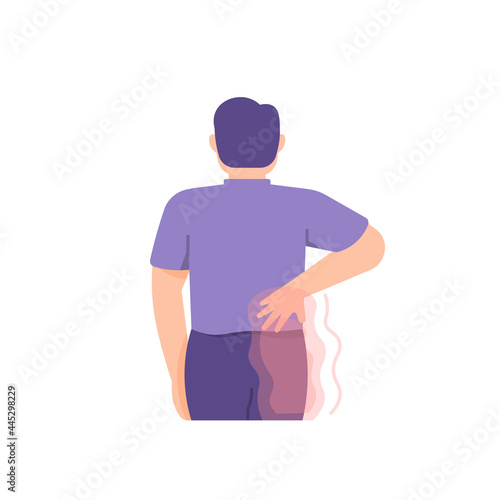 illustration of a man holding his back because he feels pain. suffering from sciatica, back pain, pain in the buttocks. pinched nerves. a person's health condition. flat cartoon style. vector design