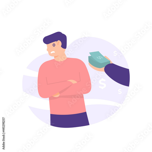 illustration of a man who refuses to accept money from a stranger. annoyed at being bribed. anti bribery or anti corruption concept. flat cartoon style. vector design