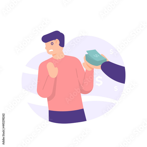 illustration of a man who refuses to accept money from a stranger. annoyed at being bribed. anti bribery or anti corruption concept. flat cartoon style. vector design