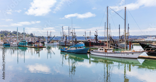 Panoramic view of commercial fishing boats in the harbor