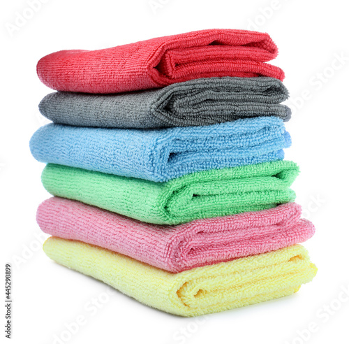 Many colorful microfiber cloths on white background