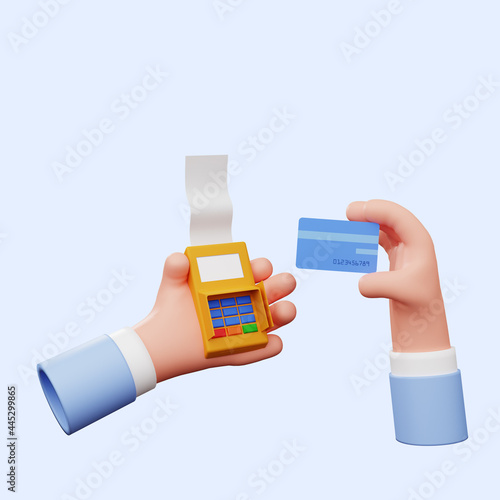 3d illustration of hand holding edc machine with credit card photo
