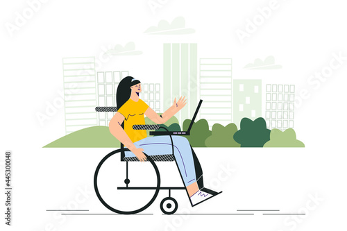 Disabled woman in wheelchair working outside with laptop. Banner of work for people with special needs. Disability in daily life concept. Young disabled female character flat vector illustration