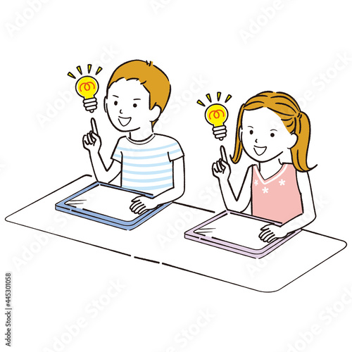 手書き線画カラーイラスト 線画　タブレットで勉強　思いつく男の子女の子　夏
