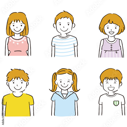 手書き線画カラーイラスト 線画　上半身男の子女の子6人　夏
