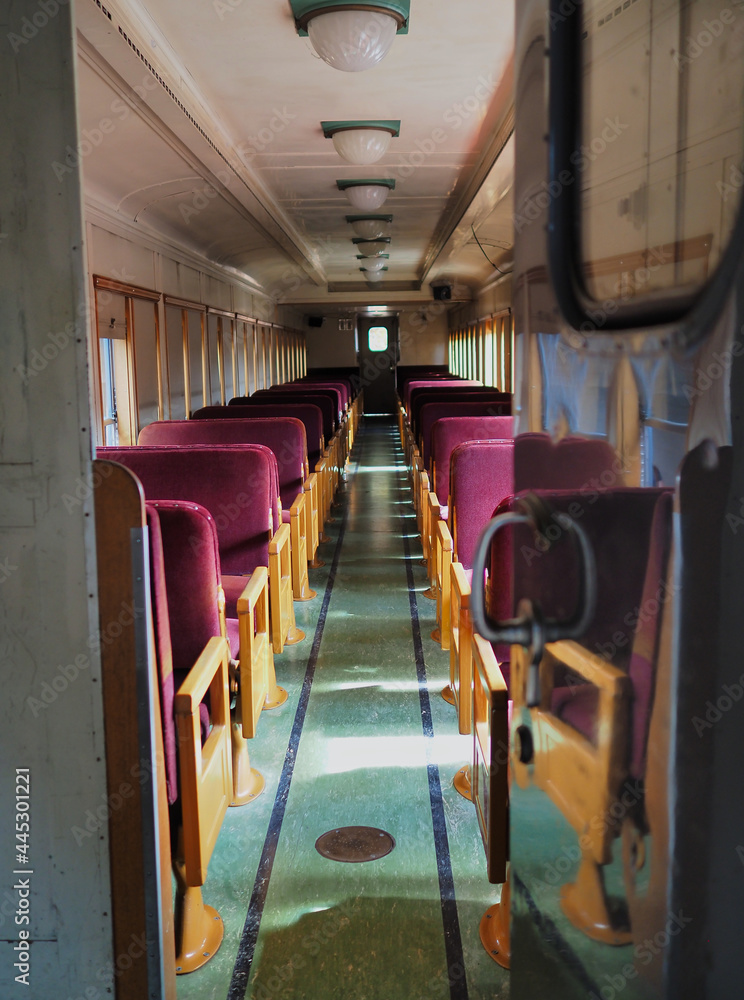 Fototapeta premium Inside an old train passenger car 
